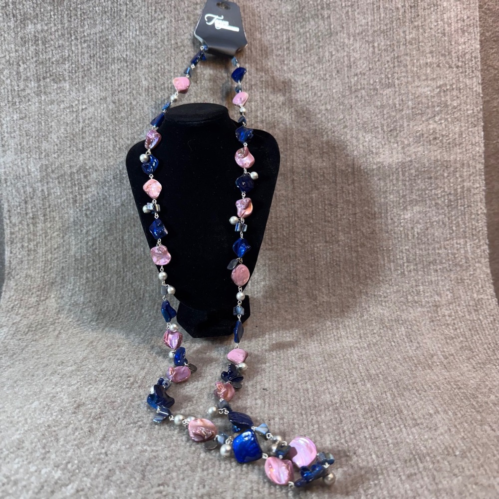 Tanya Creations Long Beaded Necklace Pink Blue Shell Pearl Coastal Mermaidcore
